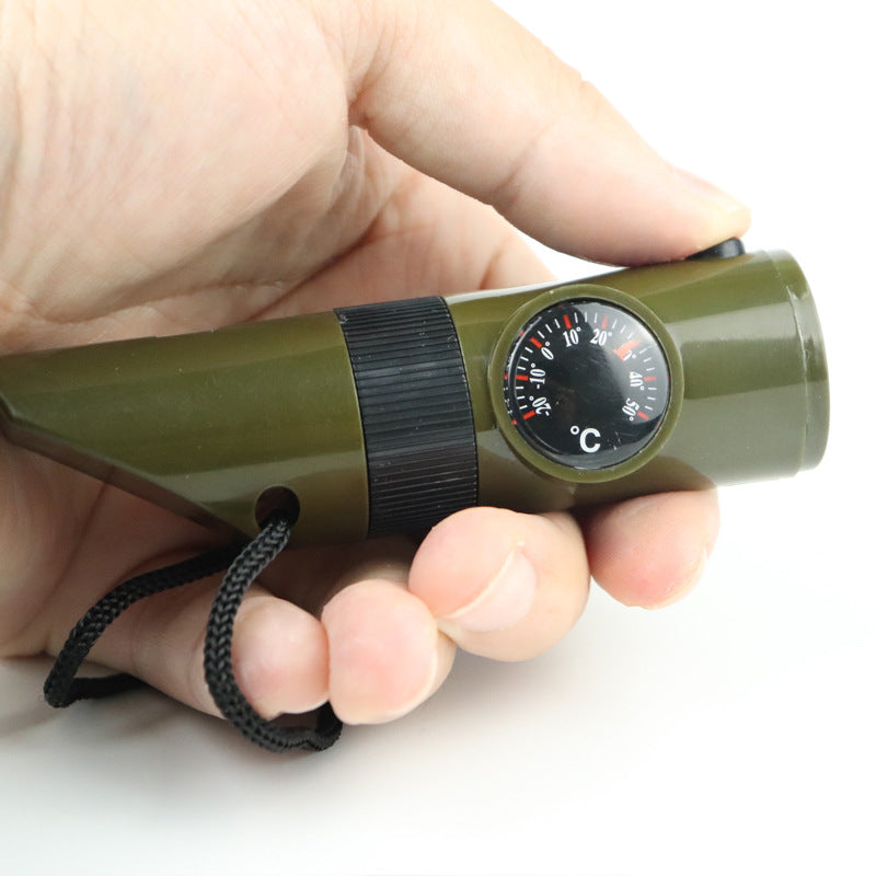 Multi functional whistle, survival whistle, life-saving whistle with LED light, thermometer, compass