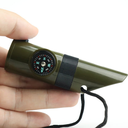 Multi functional whistle, survival whistle, life-saving whistle with LED light, thermometer, compass